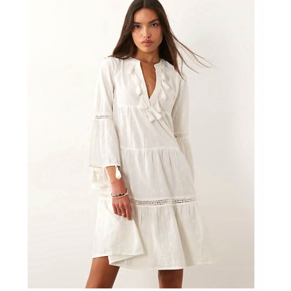 Accessorize Flute Sleeve Tassel Tiered Mini Dress Ivory White Boho Beach Sz XS